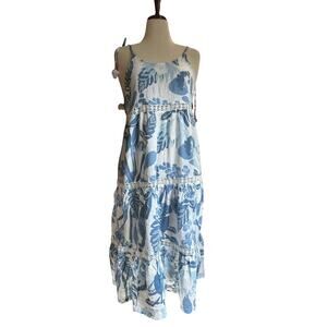 Rachel Zoe Blue Floral Linen Midi Dress Tassel Tie Sleeves Boho Resort Size L